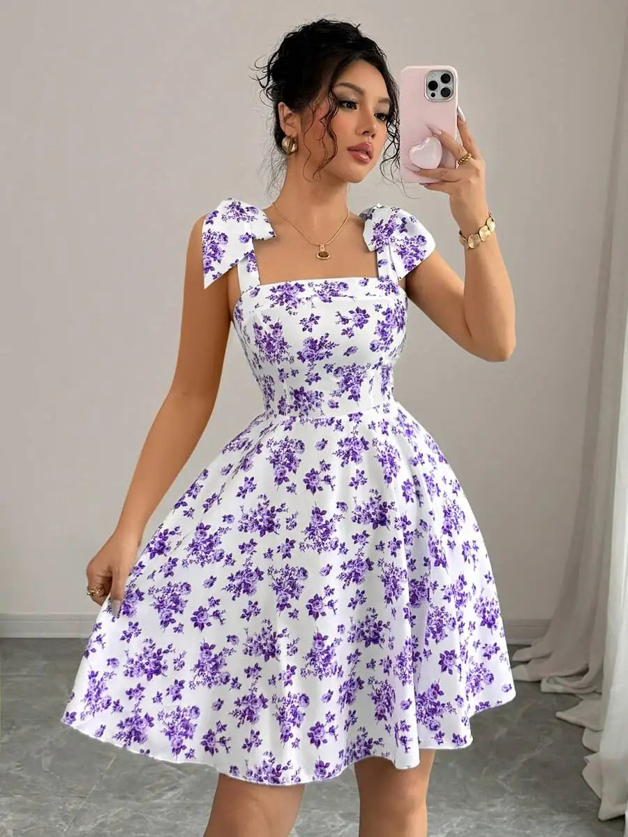 Women's Floral Off-Shoulder A-Line Dress with Bow