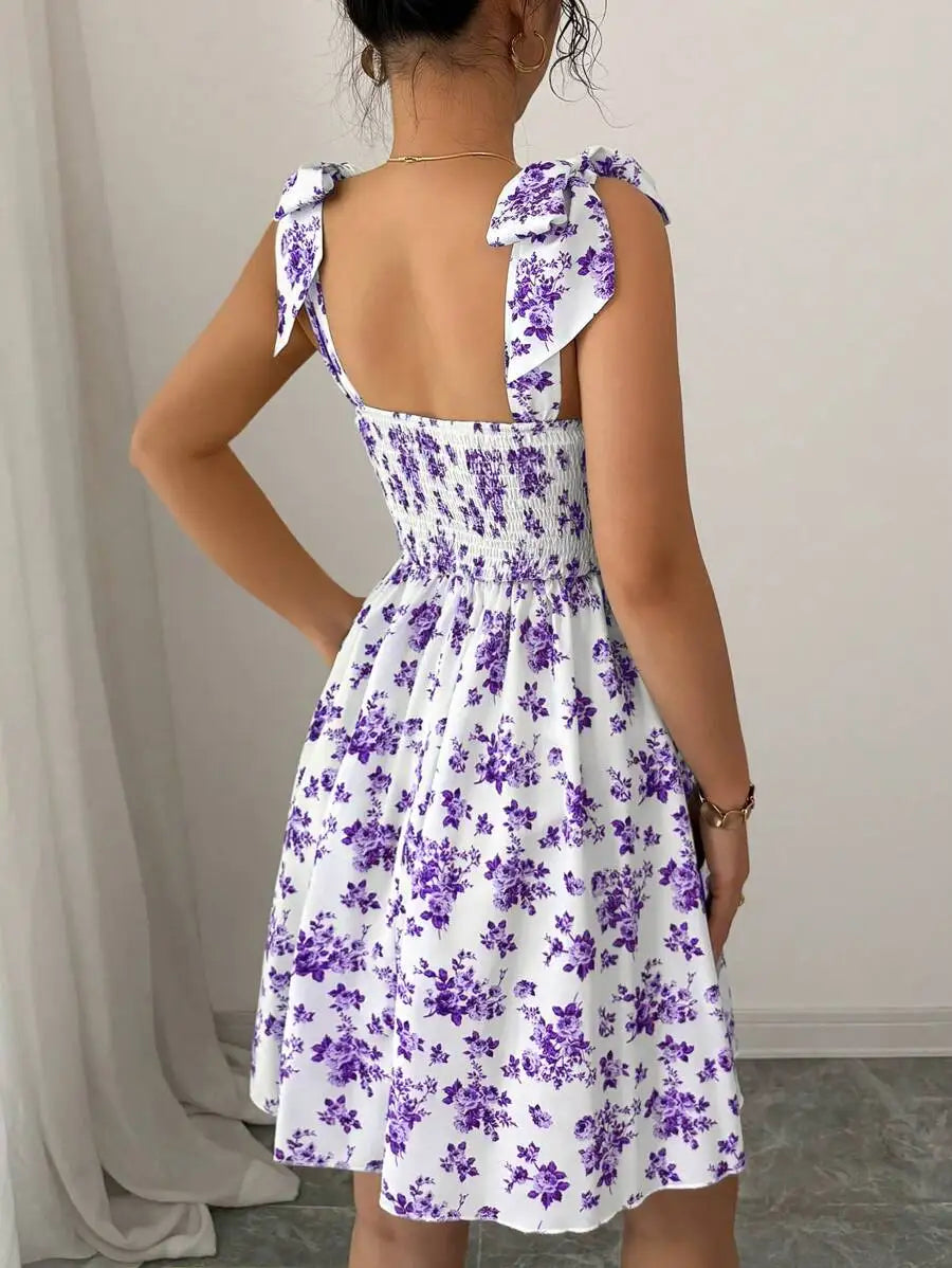 Women's Floral Off-Shoulder A-Line Dress with Bow