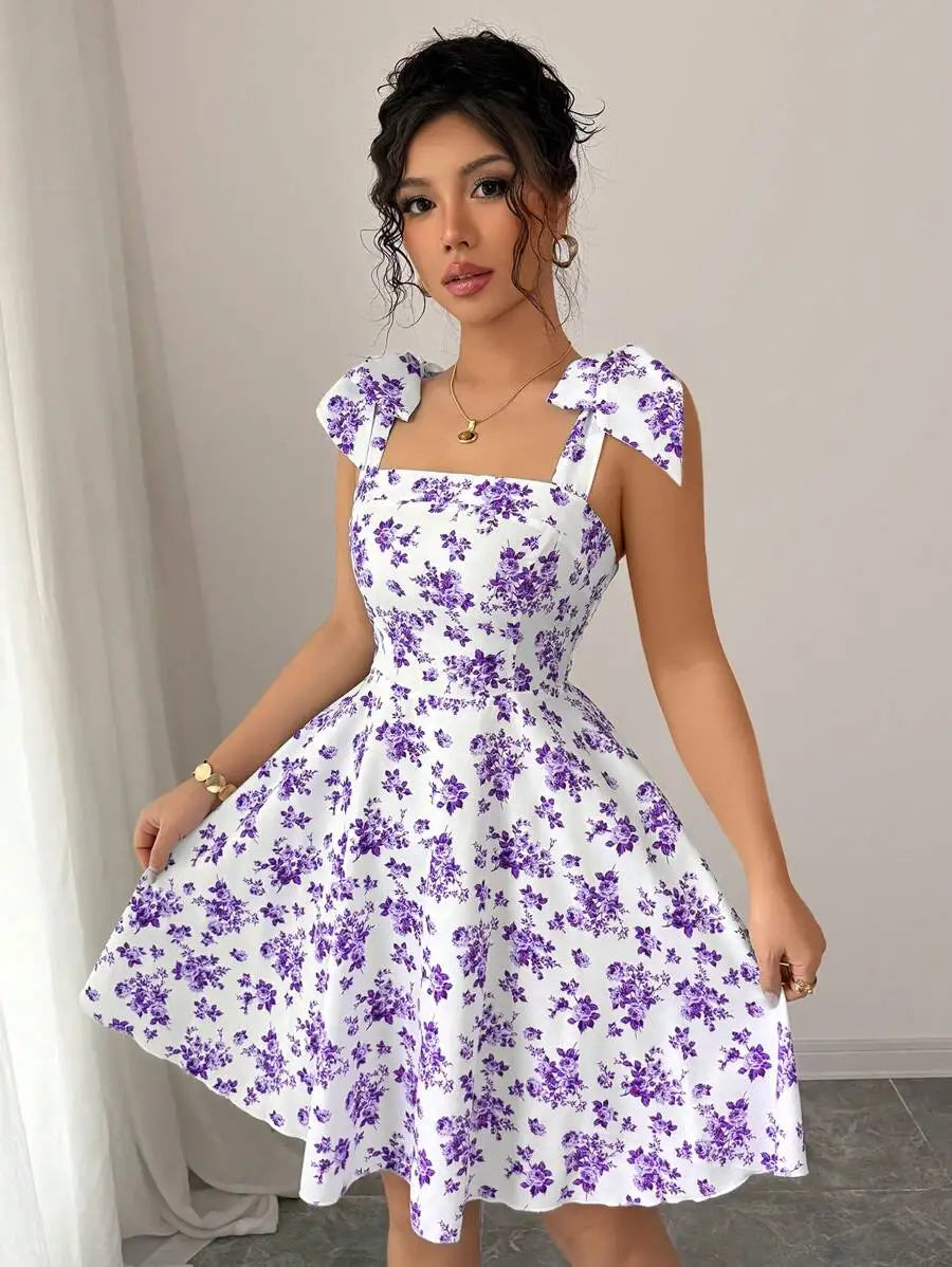 Women's Floral Off-Shoulder A-Line Dress with Bow