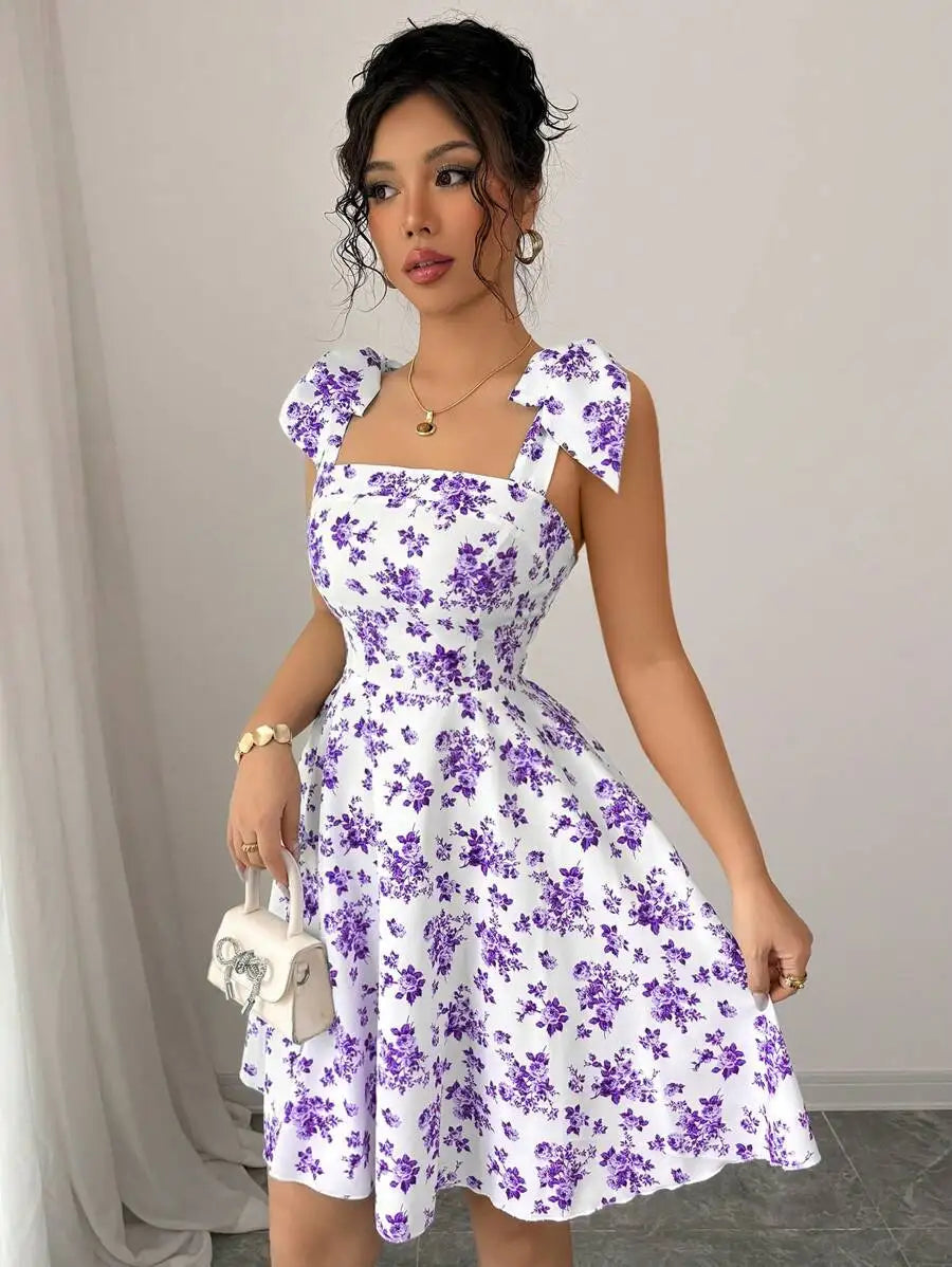 Women's Floral Off-Shoulder A-Line Dress with Bow