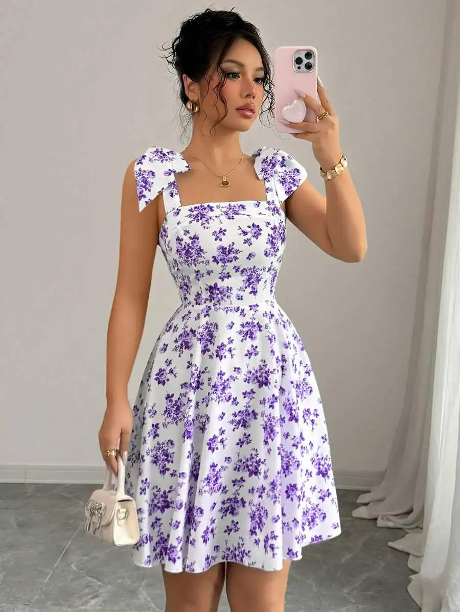 Women's Floral Off-Shoulder A-Line Dress with Bow