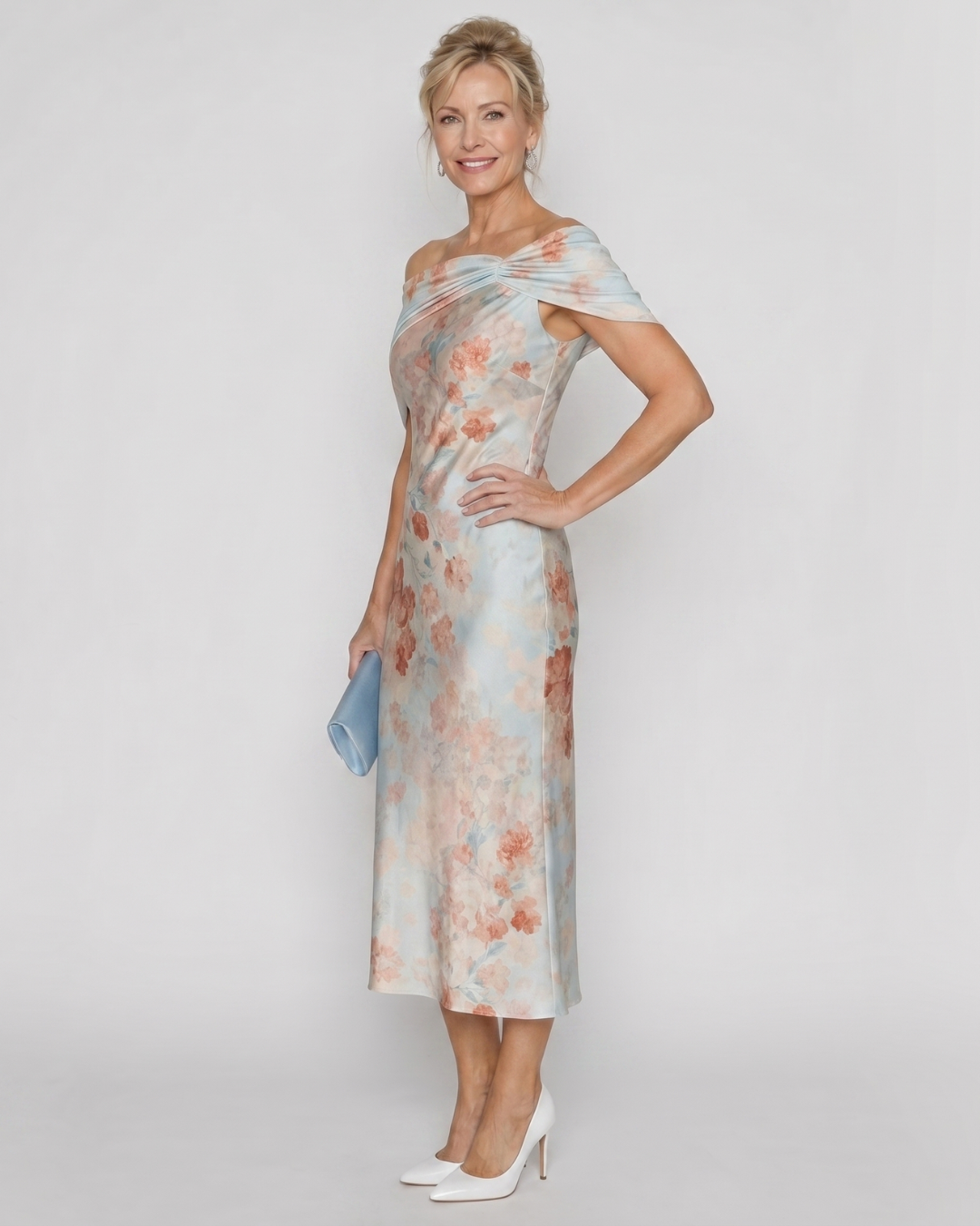 Women's Floral Off-Shoulder Fitted Midi Dress