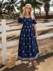 Women's Floral Off-Shoulder Midi Dress with A-Line Silhouette