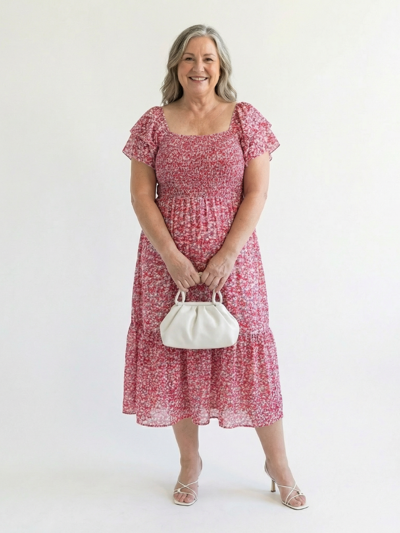 Women's Floral Off-Shoulder Midi Dress with Puff Sleeves