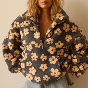 Women's Floral Oversized Teddy Fleece Jacket with Half Zip