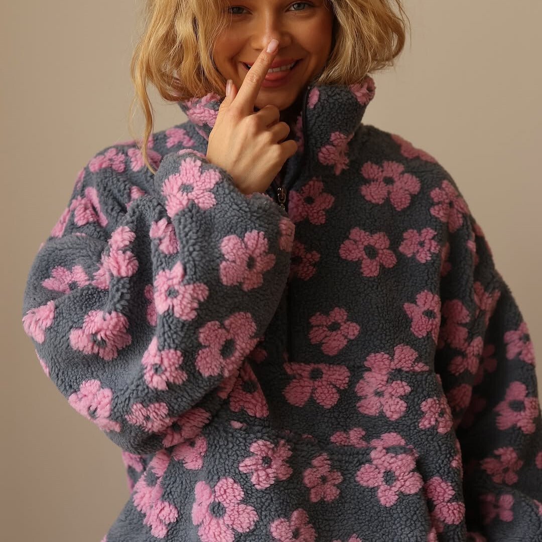 Women's Floral Oversized Teddy Fleece Jacket with Half Zip
