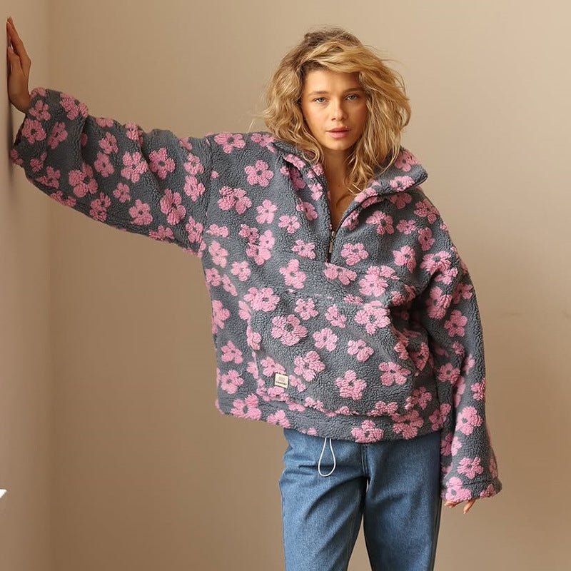 Women's Floral Oversized Teddy Fleece Jacket with Half Zip