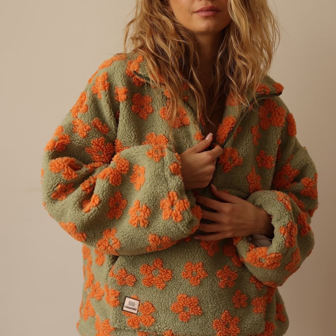 Women's Floral Oversized Teddy Fleece Jacket with Half Zip