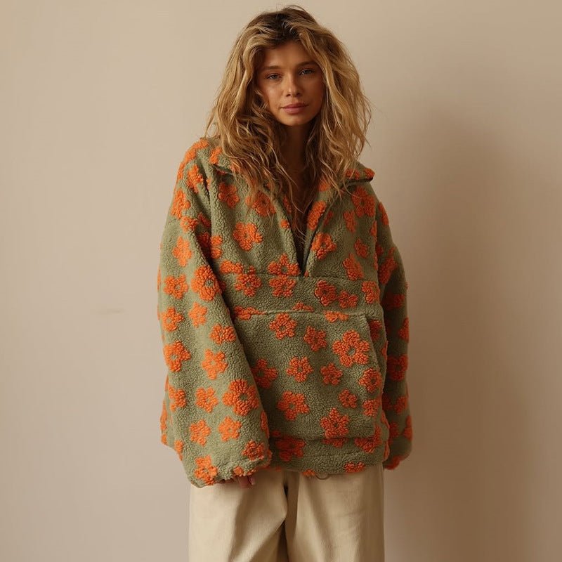 Women's Floral Oversized Teddy Fleece Jacket with Half Zip