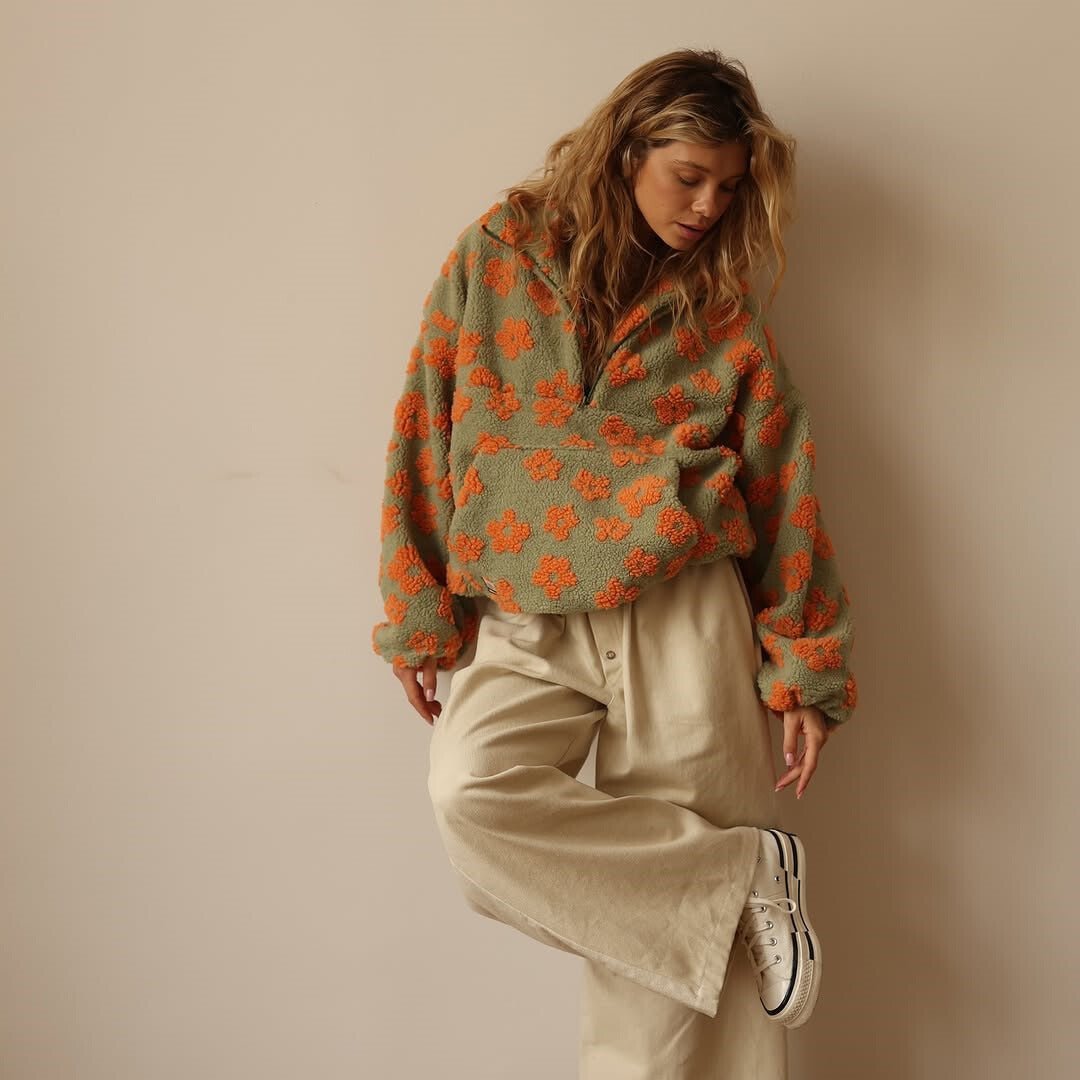 Women's Floral Oversized Teddy Fleece Jacket with Half Zip