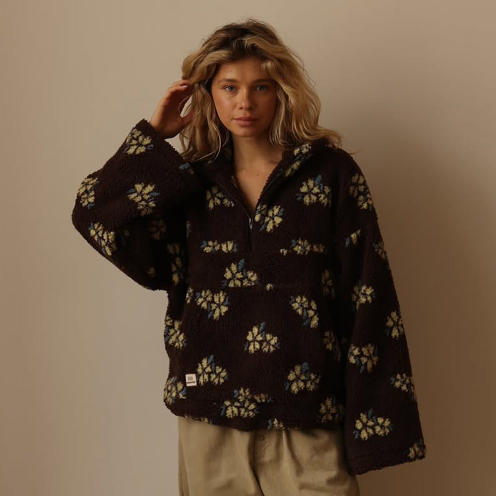 Women's Floral Oversized Teddy Fleece Jacket with Half Zip