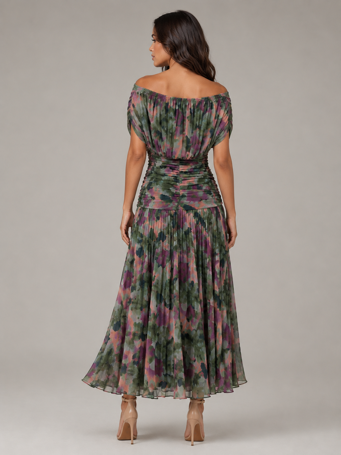Women's Floral Pleated Maxi Dress with V-Neck