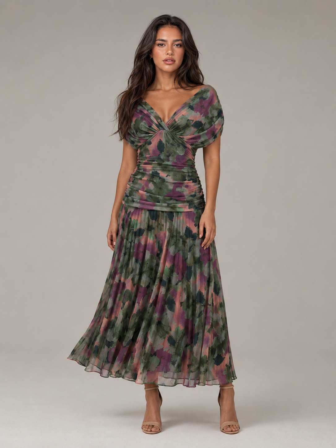 Women's Floral Pleated Maxi Dress with V-Neck