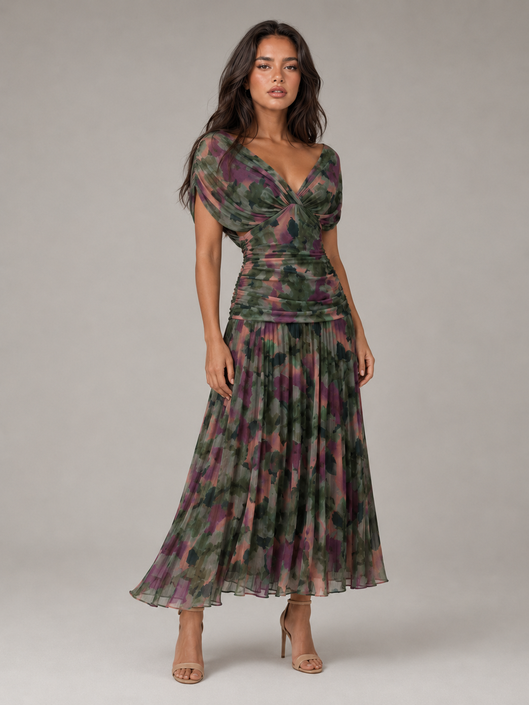 Women's Floral Pleated Maxi Dress with V-Neck