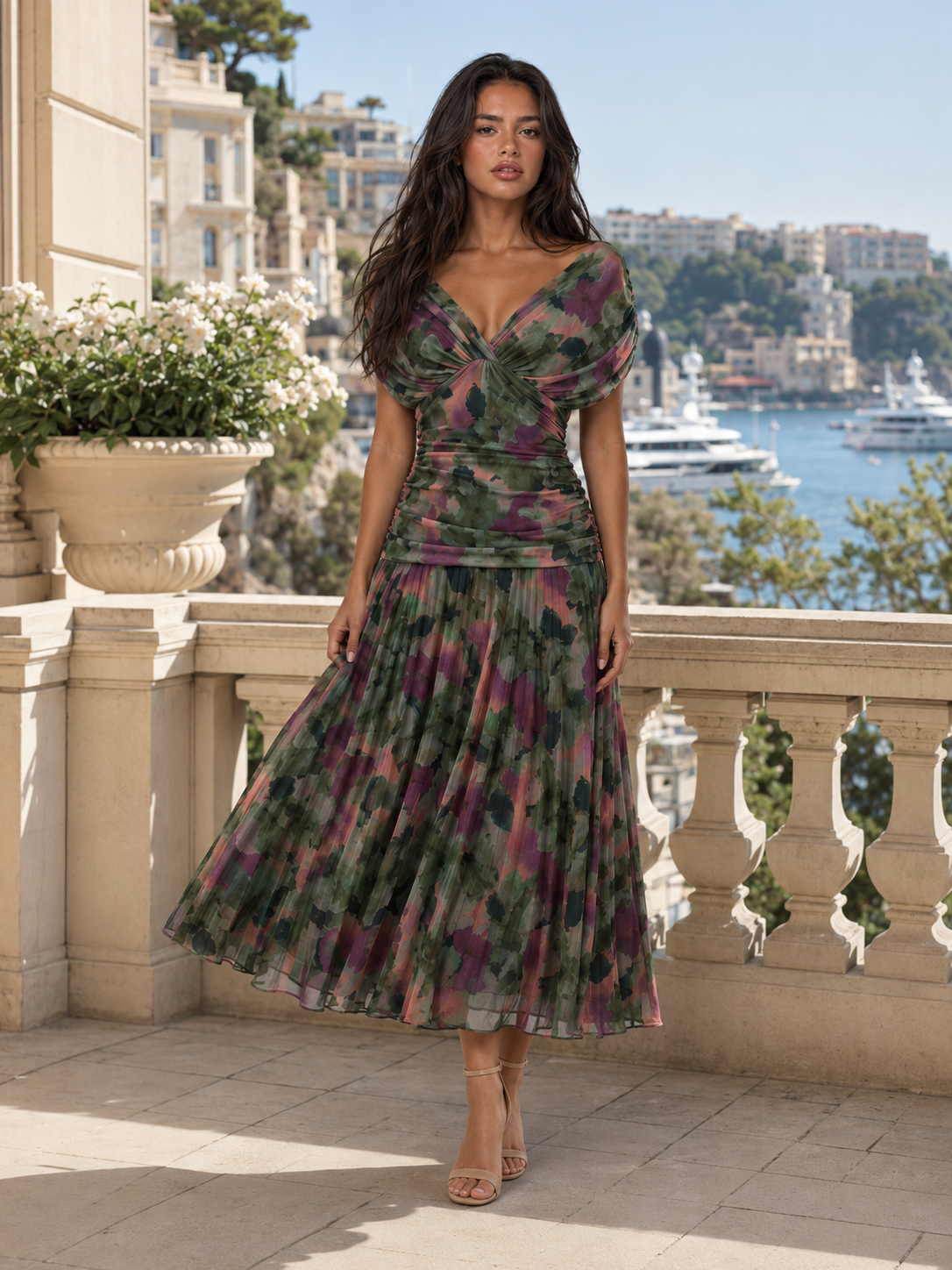 Women's Floral Pleated Maxi Dress with V-Neck
