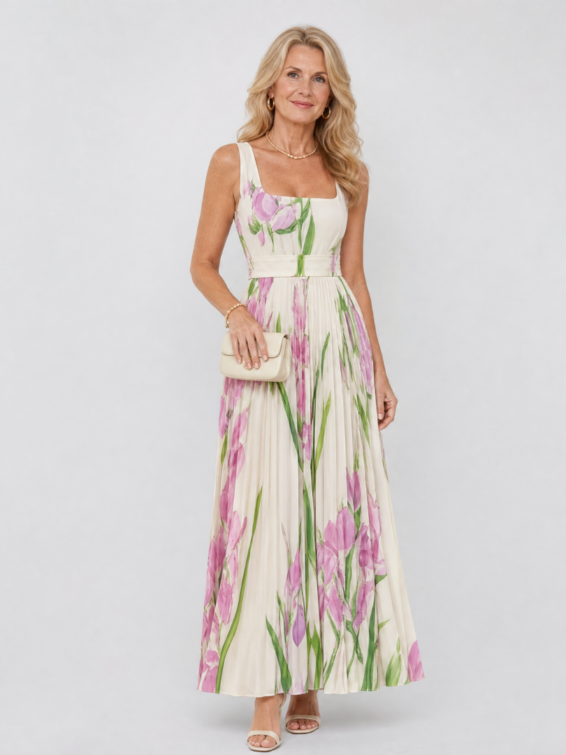Women's Floral Pleated Sleeveless Midi Dress