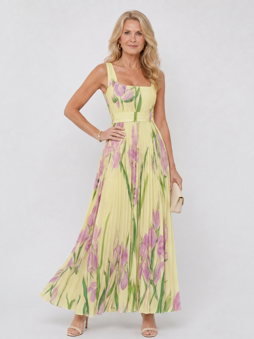 Women's Floral Pleated Sleeveless Midi Dress