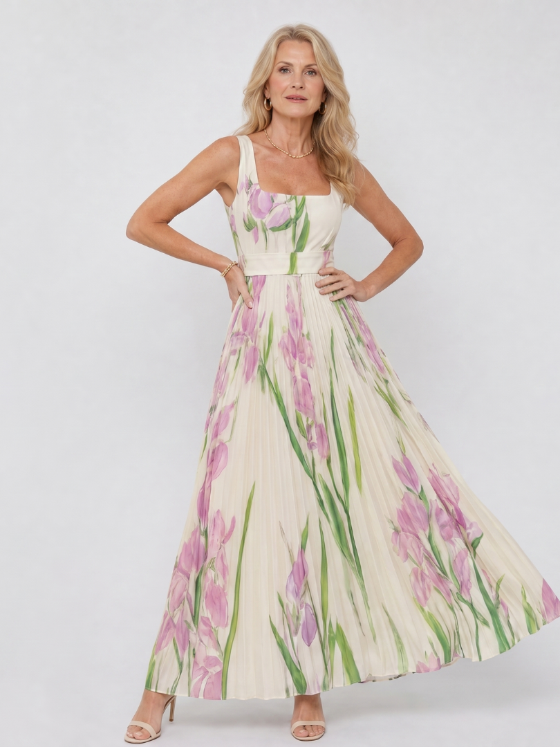 Women's Floral Pleated Sleeveless Midi Dress