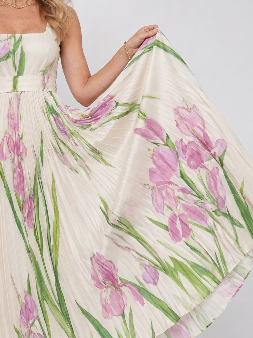 Women's Floral Pleated Sleeveless Midi Dress