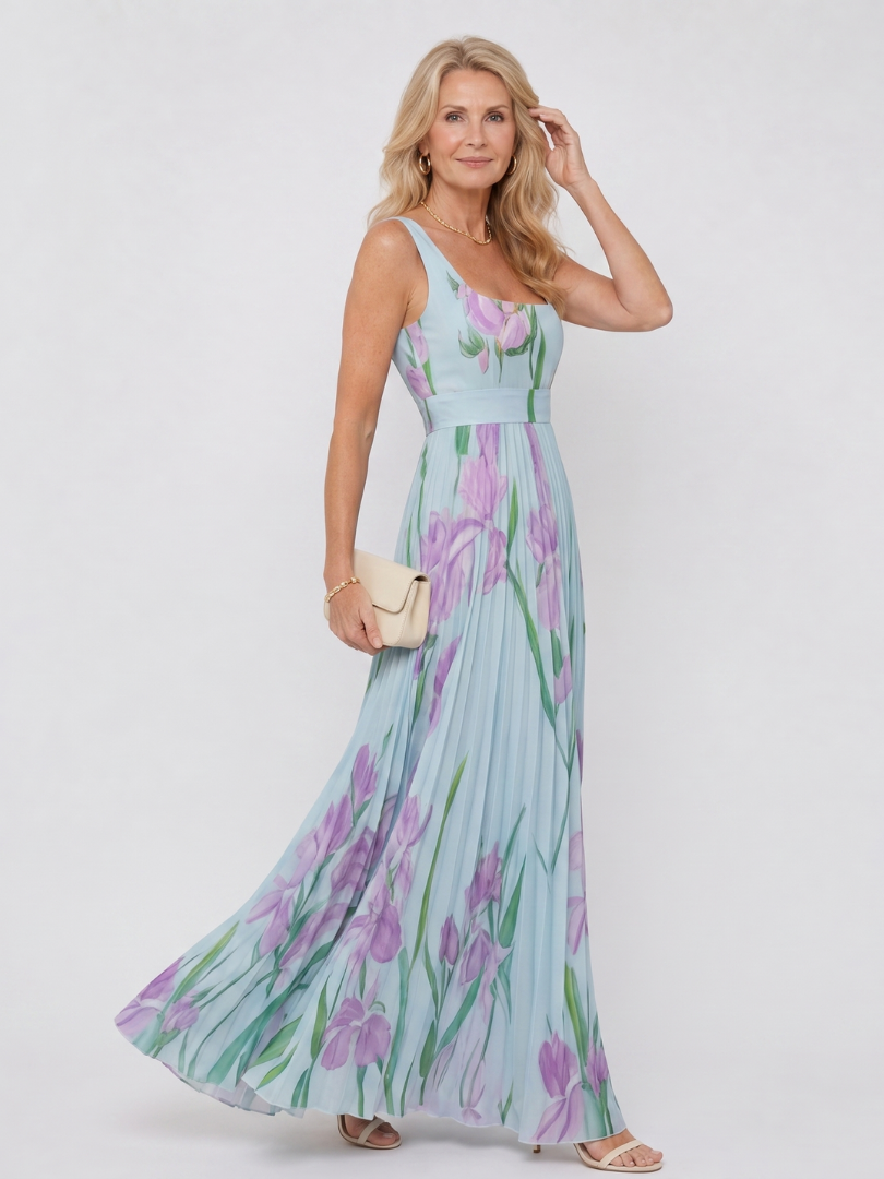 Women's Floral Pleated Sleeveless Midi Dress