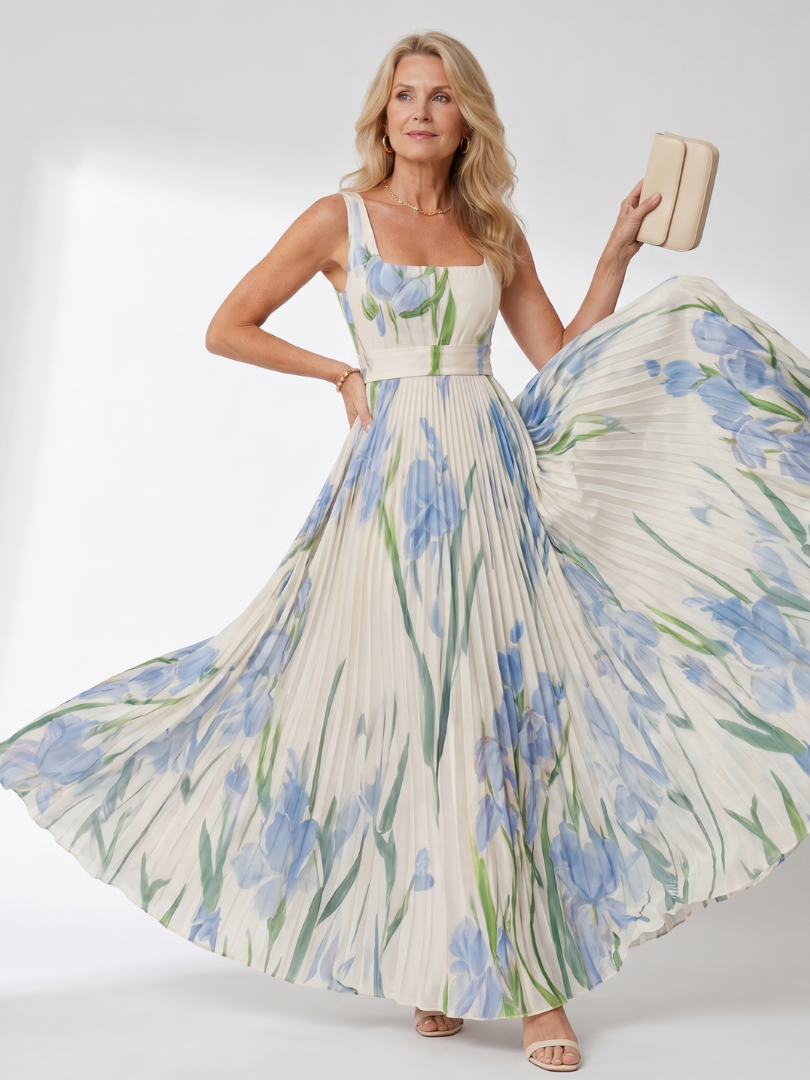Women's Floral Pleated Sleeveless Midi Dress