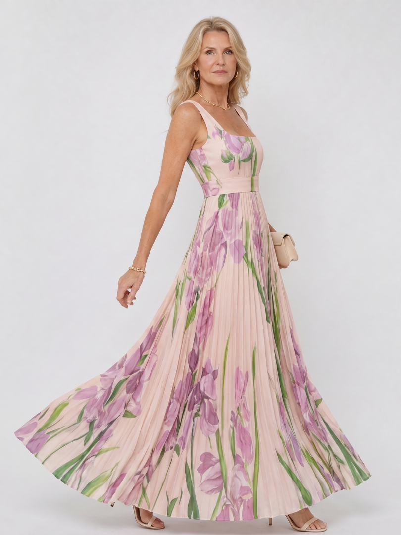 Women's Floral Pleated Sleeveless Midi Dress