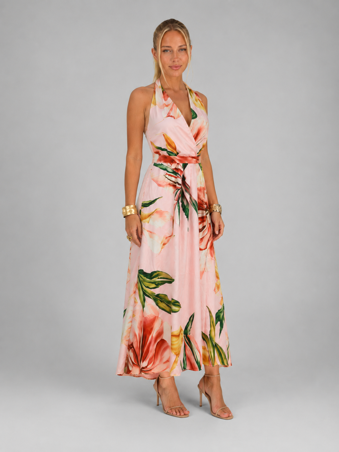 Women's Floral Satin V-Neck Maxi Dress with Self-Tie Waist