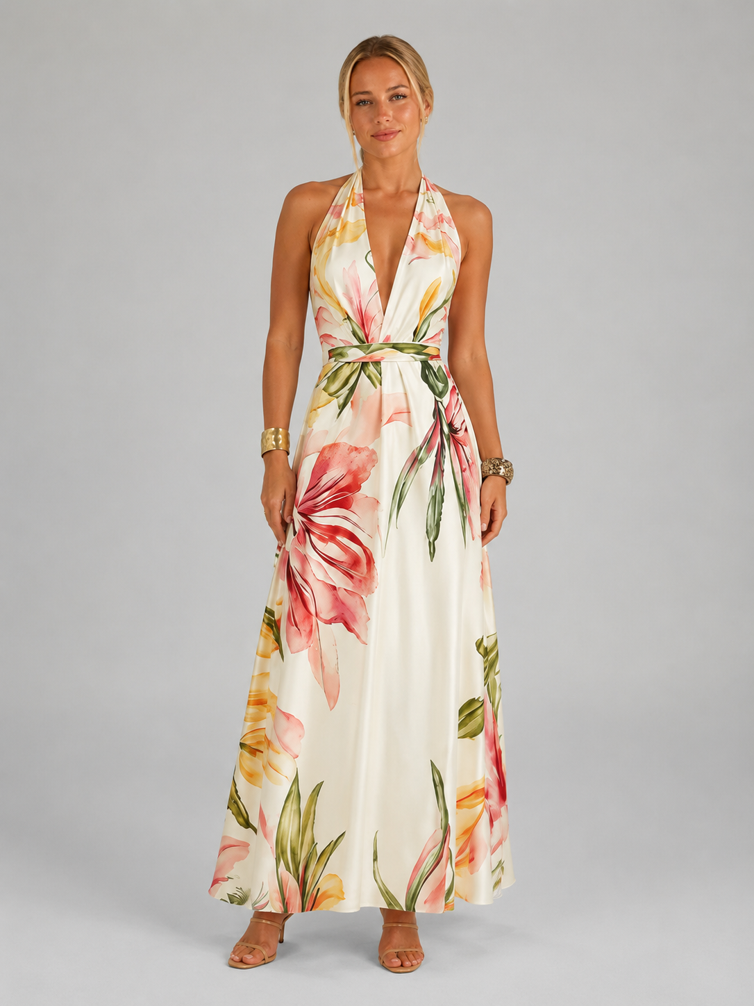 Women's Floral Satin V-Neck Maxi Dress with Self-Tie Waist