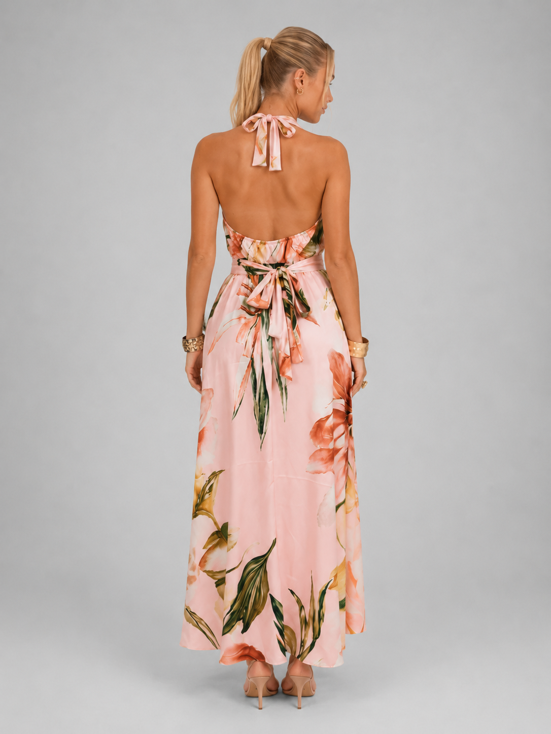 Women's Floral Satin V-Neck Maxi Dress with Self-Tie Waist