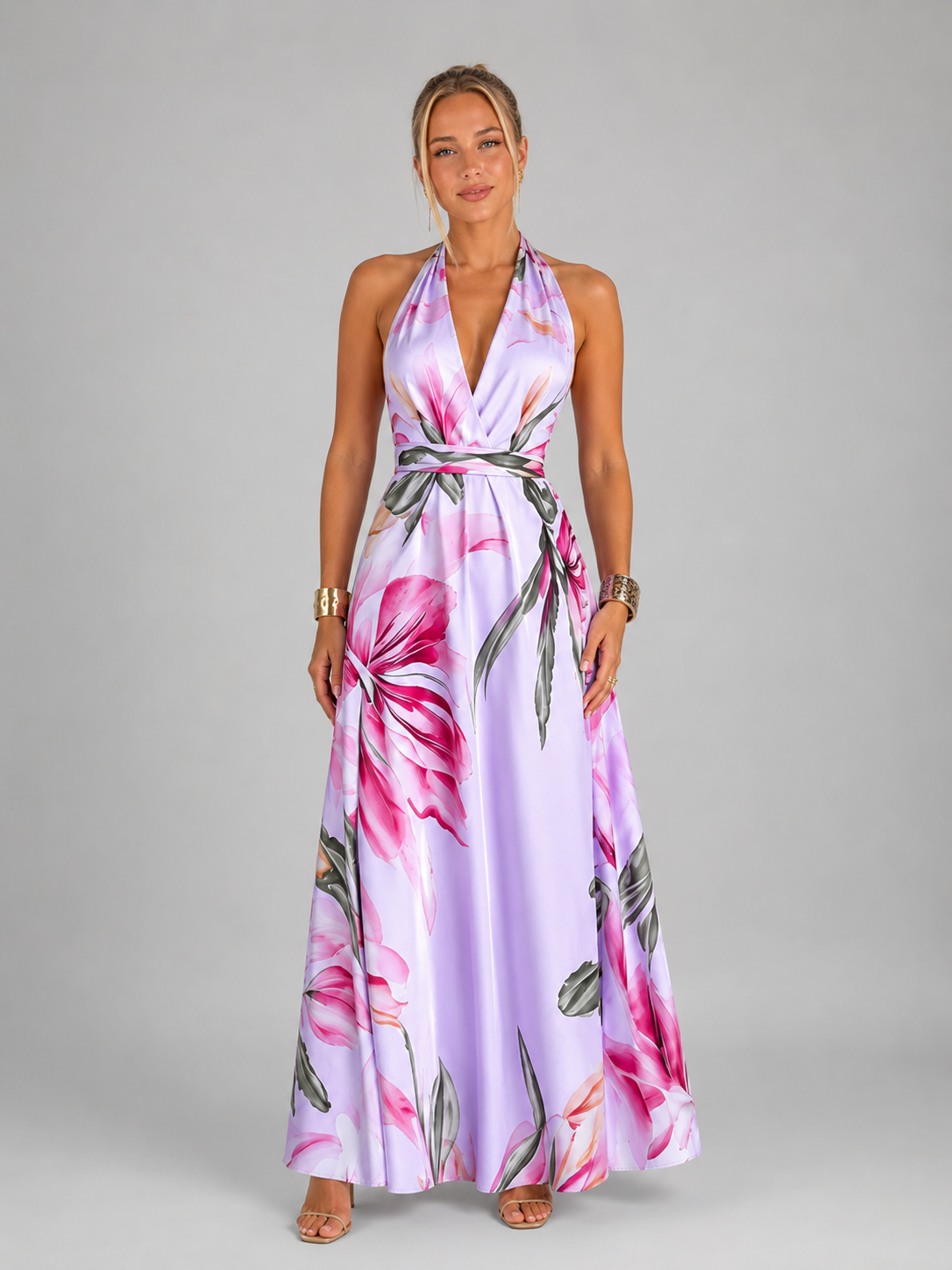 Women's Floral Satin V-Neck Maxi Dress with Self-Tie Waist