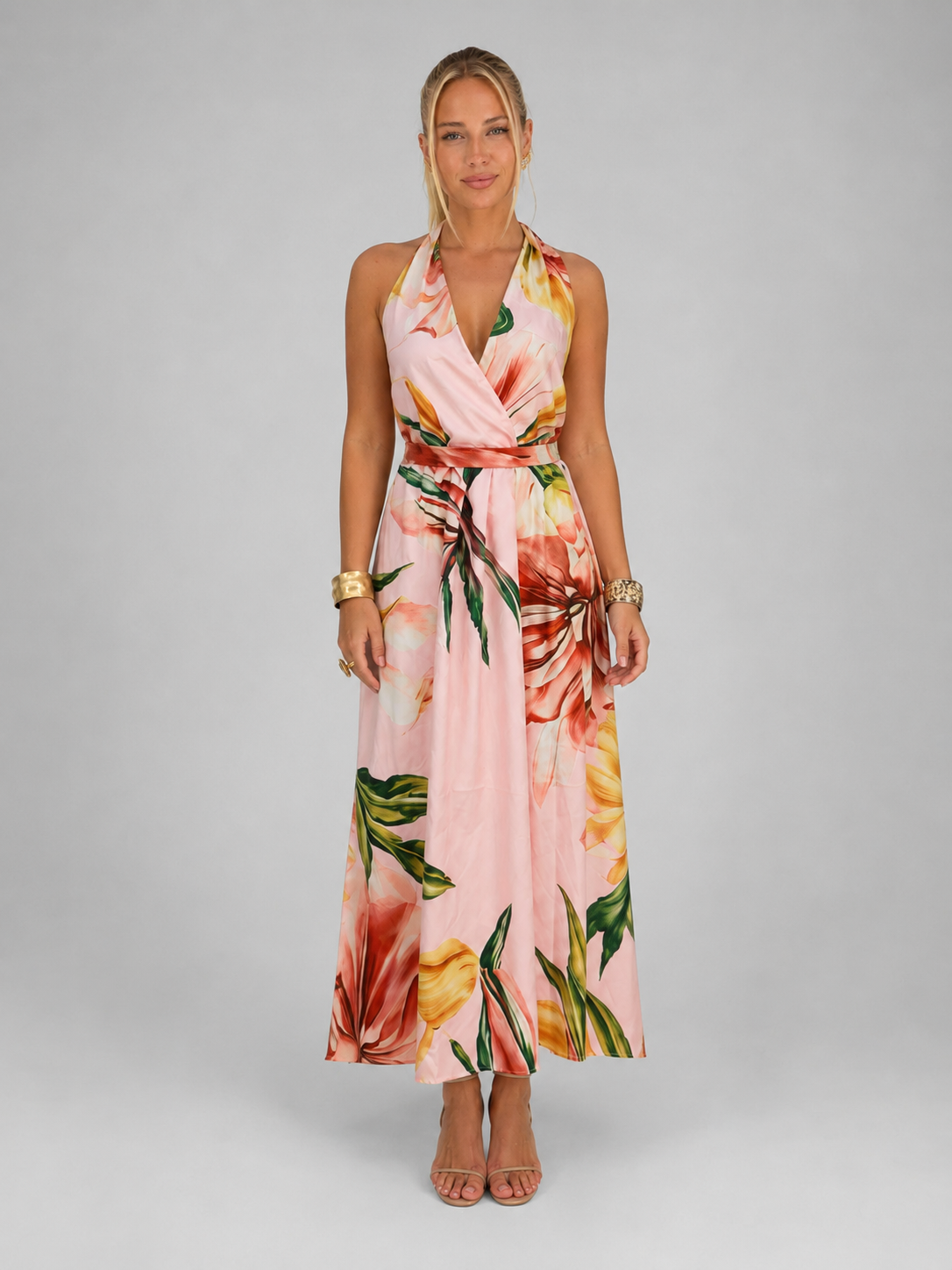 Women's Floral Satin V-Neck Maxi Dress with Self-Tie Waist
