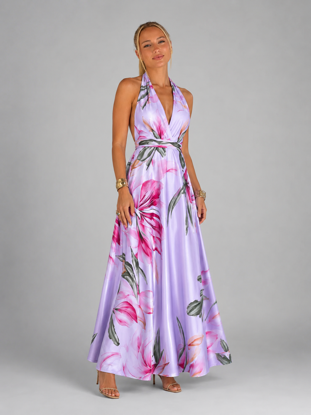 Women's Floral Satin V-Neck Maxi Dress with Self-Tie Waist