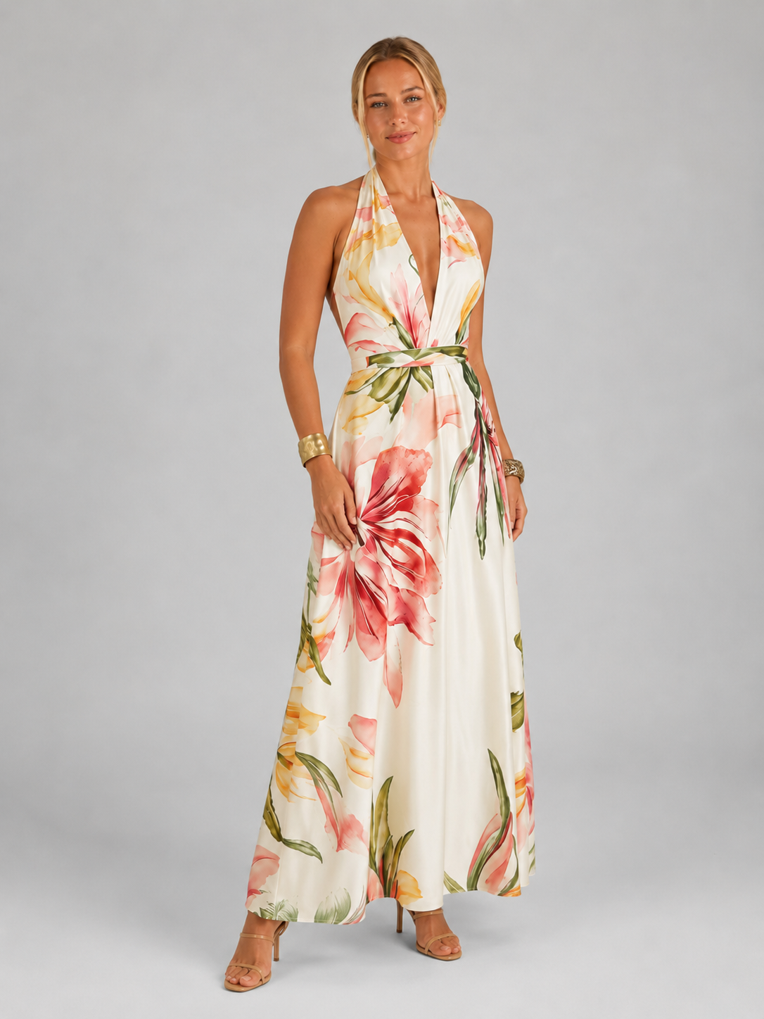 Women's Floral Satin V-Neck Maxi Dress with Self-Tie Waist