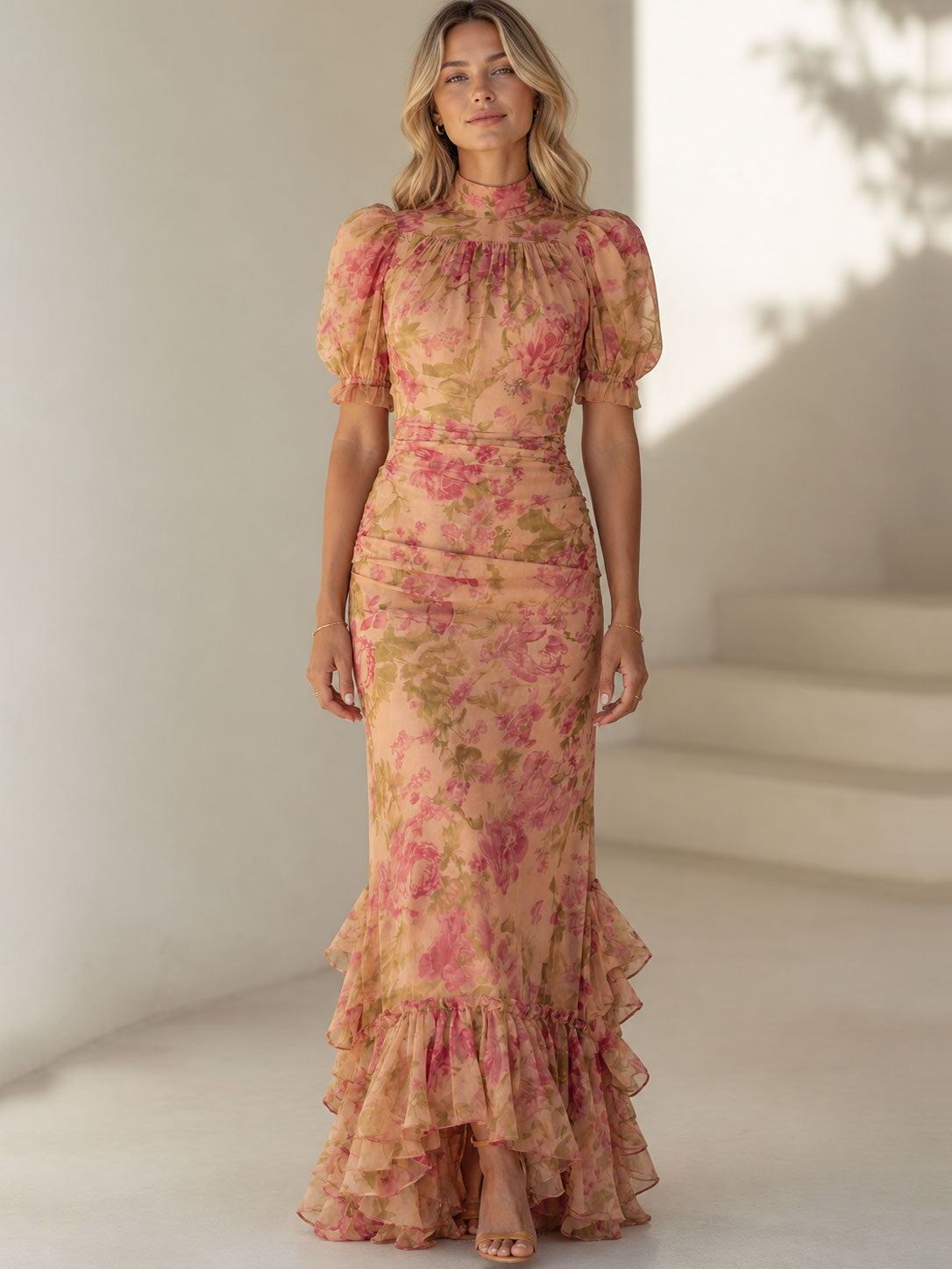 Women's Floral Slim Fit Midi Dress with Puff Sleeves