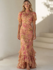 Women's Floral Slim Fit Midi Dress with Puff Sleeves