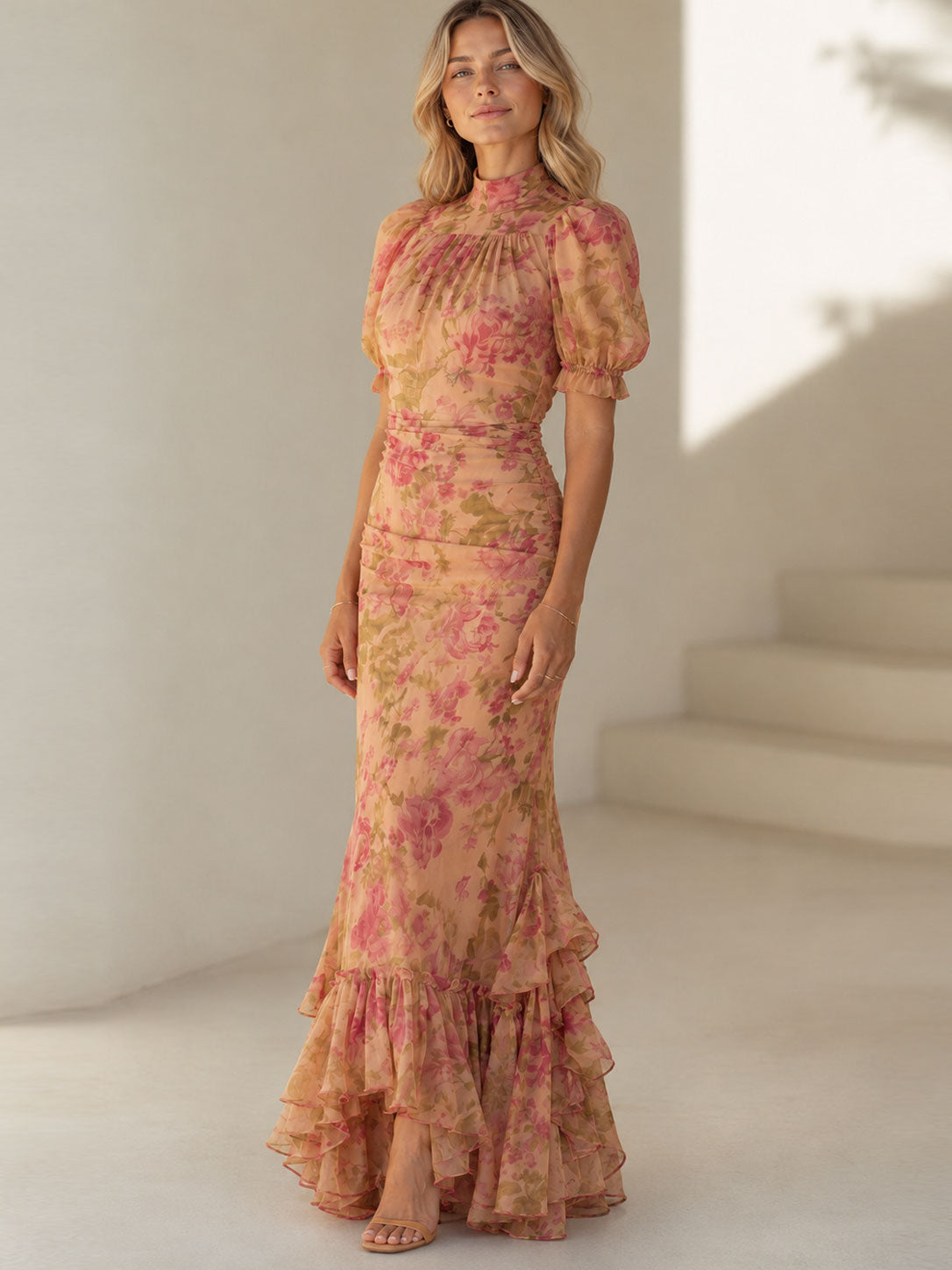 Women's Floral Slim Fit Midi Dress with Puff Sleeves