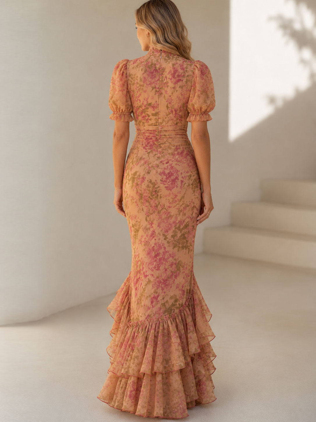 Women's Floral Slim Fit Midi Dress with Puff Sleeves