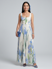 Women's Floral Square Neck Midi Dress with Pleated Skirt