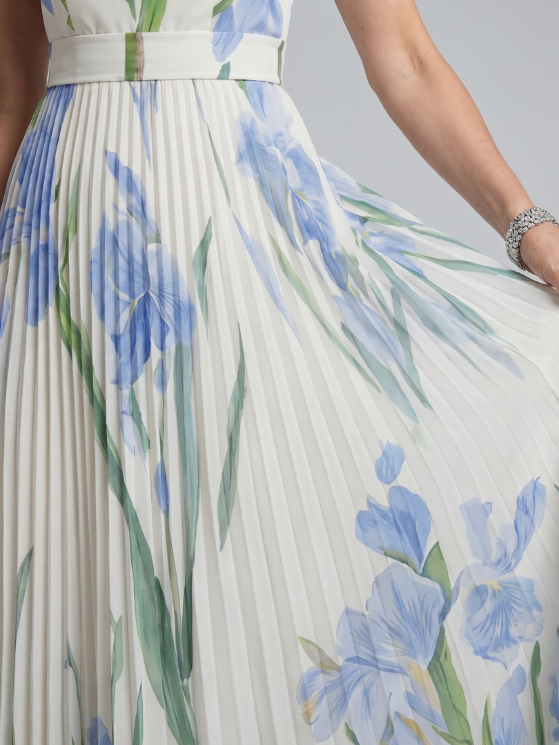 Women's Floral Square Neck Midi Dress with Pleated Skirt