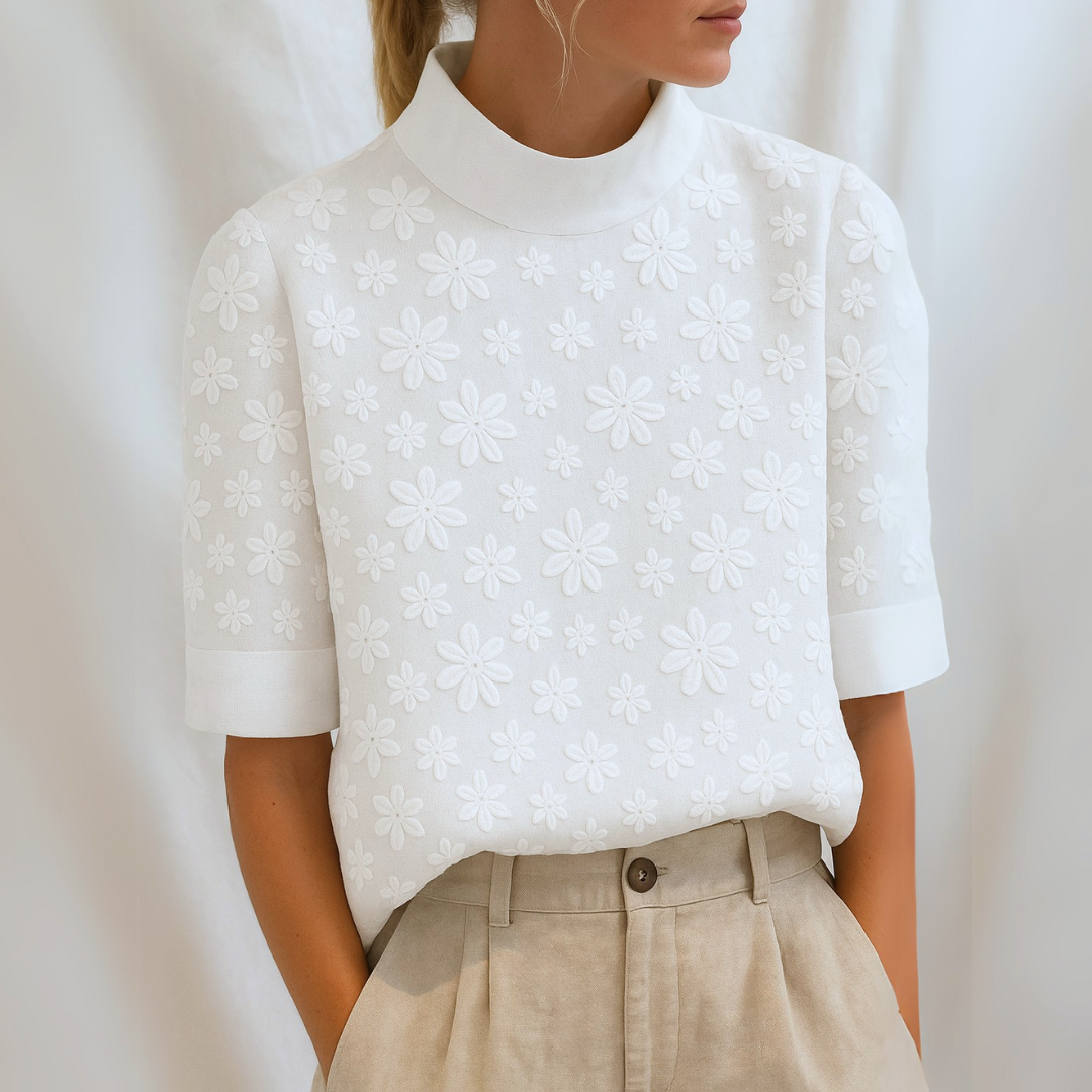 Women's Floral Stand-Up Collar Blouse with Half-Length Sleeves