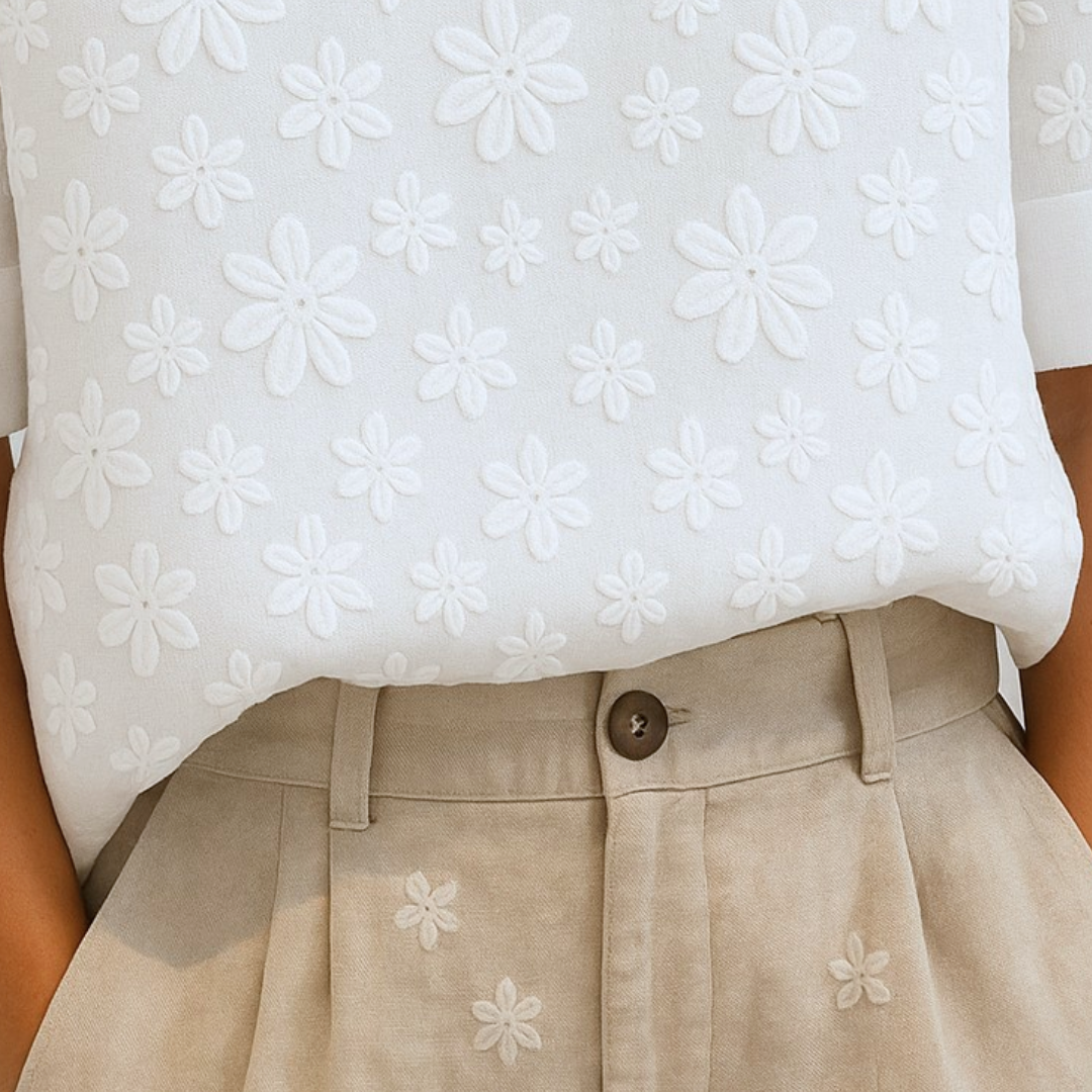 Women's Floral Stand-Up Collar Blouse with Half-Length Sleeves