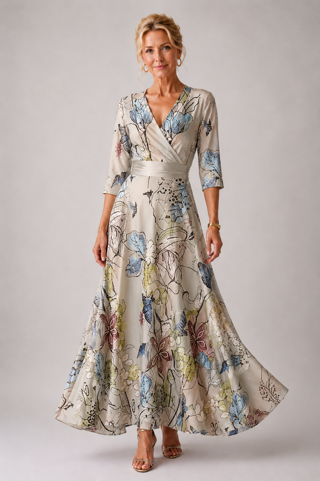 Women's Floral V-Neck Fitted Dress with Flared Skirt