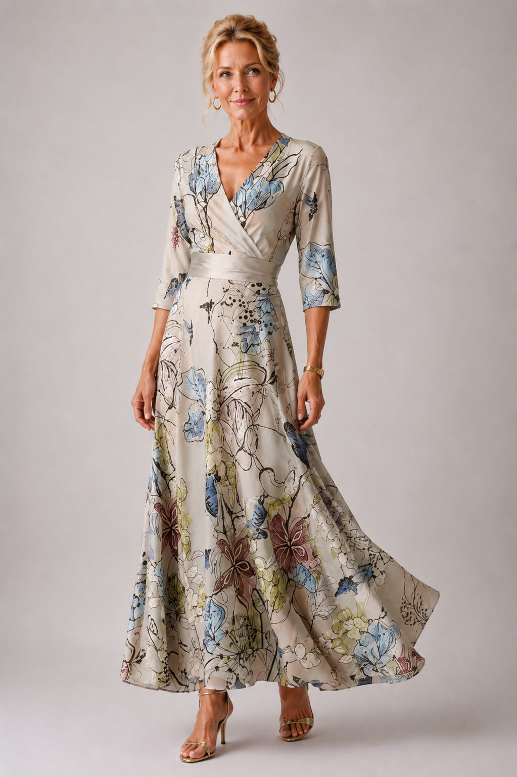 Women's Floral V-Neck Fitted Dress with Flared Skirt