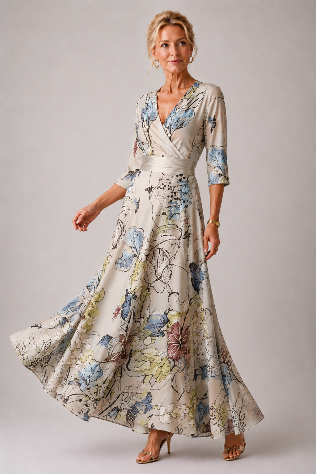 Women's Floral V-Neck Fitted Dress with Flared Skirt