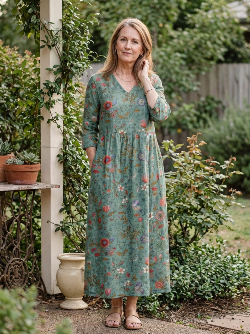 Women's Floral V-Neck Maxi Dress with Gathered Waist