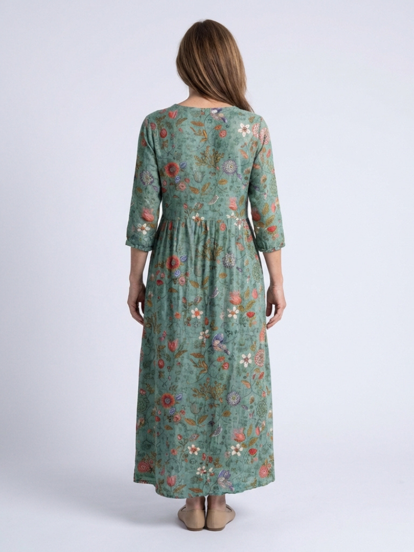 Women's Floral V-Neck Maxi Dress with Gathered Waist