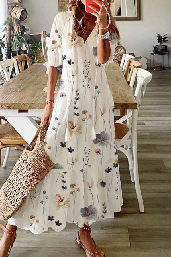 Women's Floral V-Neck Maxi Dress with Ruffle Hem