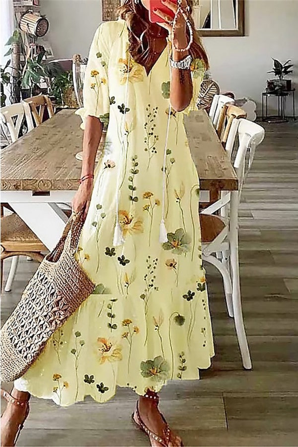 Women's Floral V-Neck Maxi Dress with Ruffle Hem
