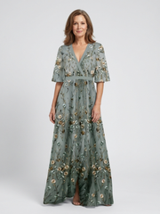 Women's Floral V-Neck Maxi Dress with Sheer Sleeves
