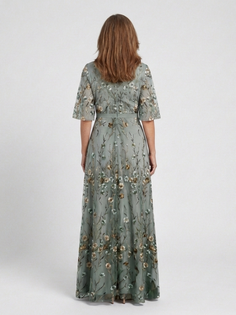 Women's Floral V-Neck Maxi Dress with Sheer Sleeves
